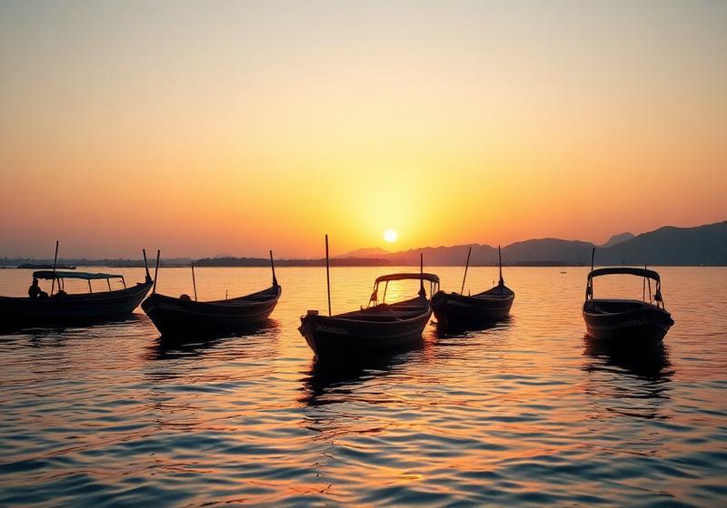 Fishing boats on Lake Victoria at sunset near Kisumu