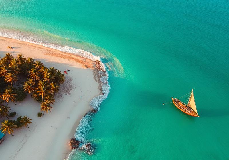 Turquoise Indian Ocean shoreline and palm-lined beach near Mombasa